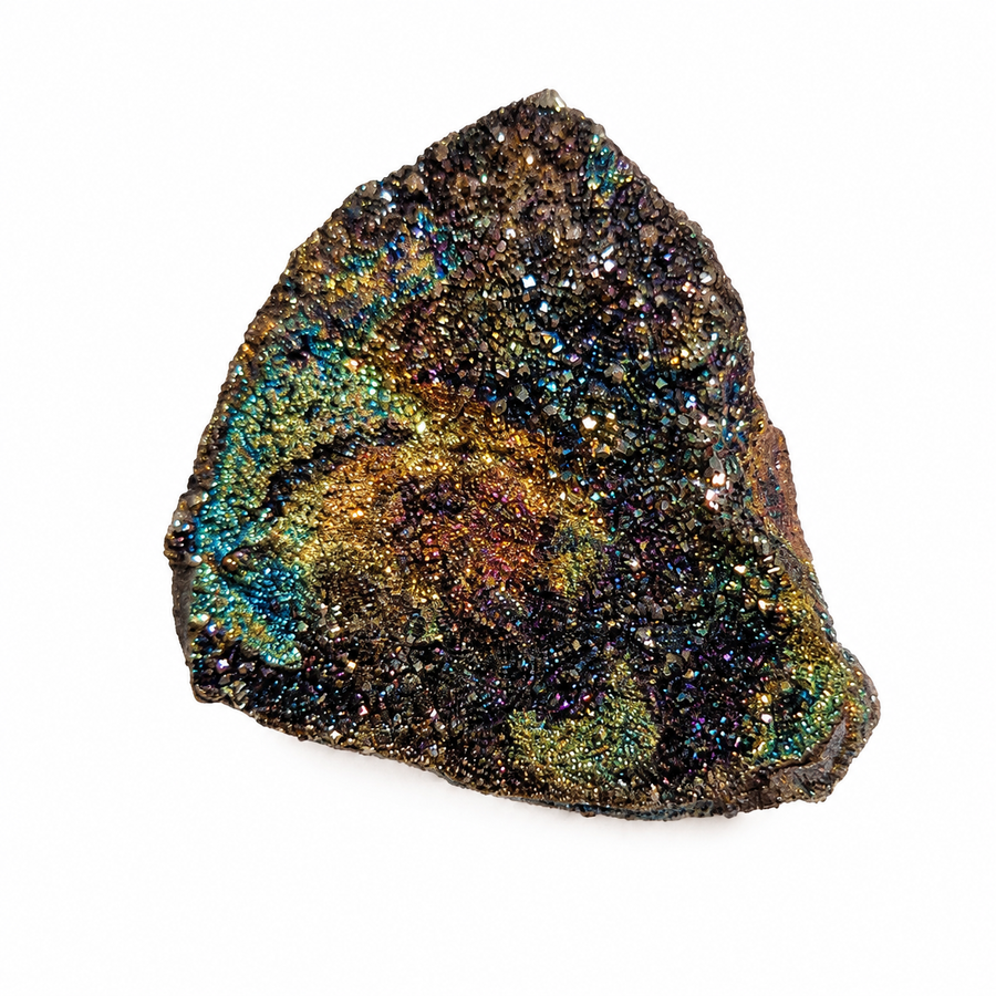 Rainbow Pyrite fossil specimen from Russia displaying iridescent metallic gold, blue, and green natural fossil textures.