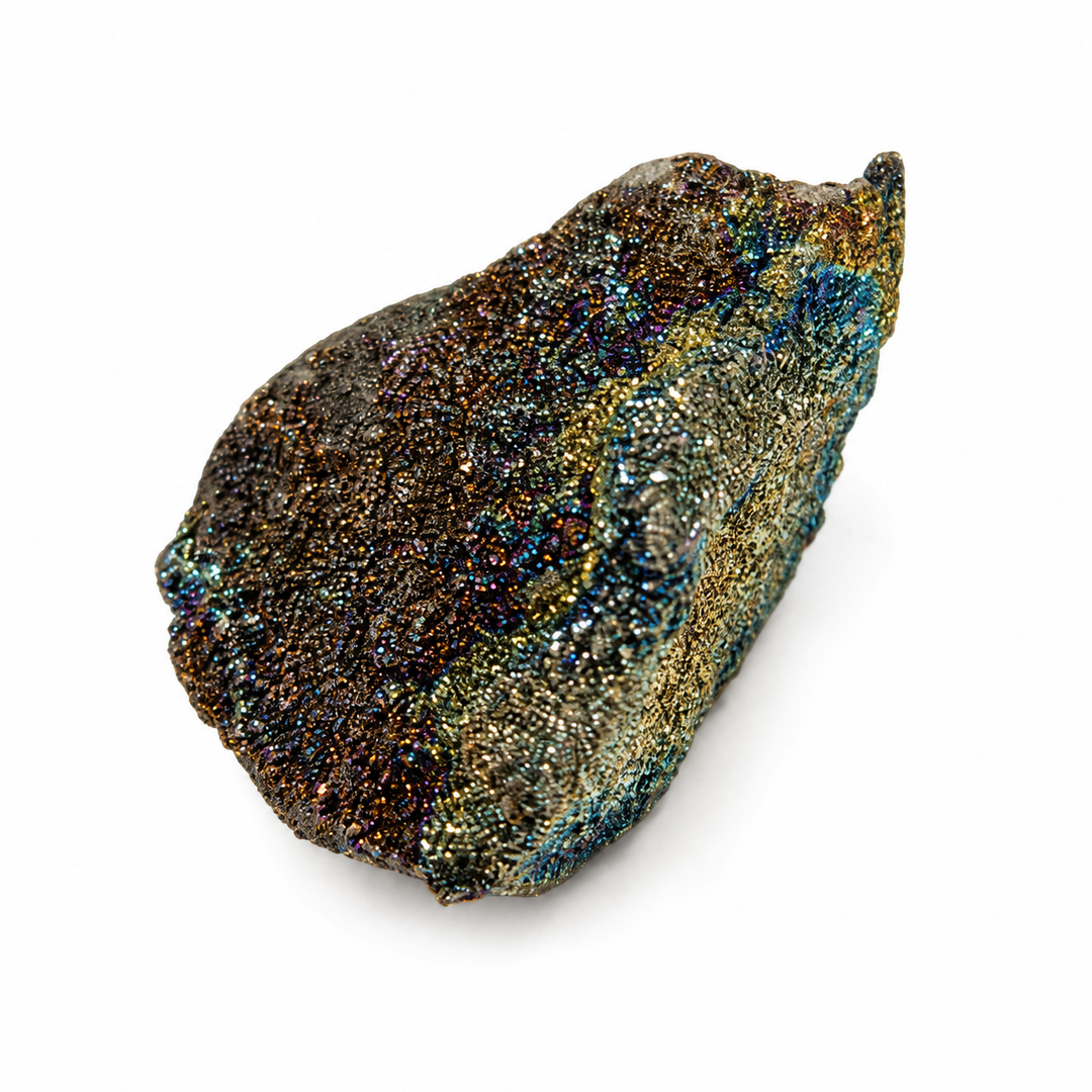 Natural Rainbow Pyrite fossil with shimmering multicoloured metallic surface and pyritised prehistoric marine structure.