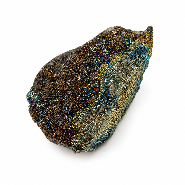 Natural Rainbow Pyrite fossil with shimmering multicoloured metallic surface and pyritised prehistoric marine structure.