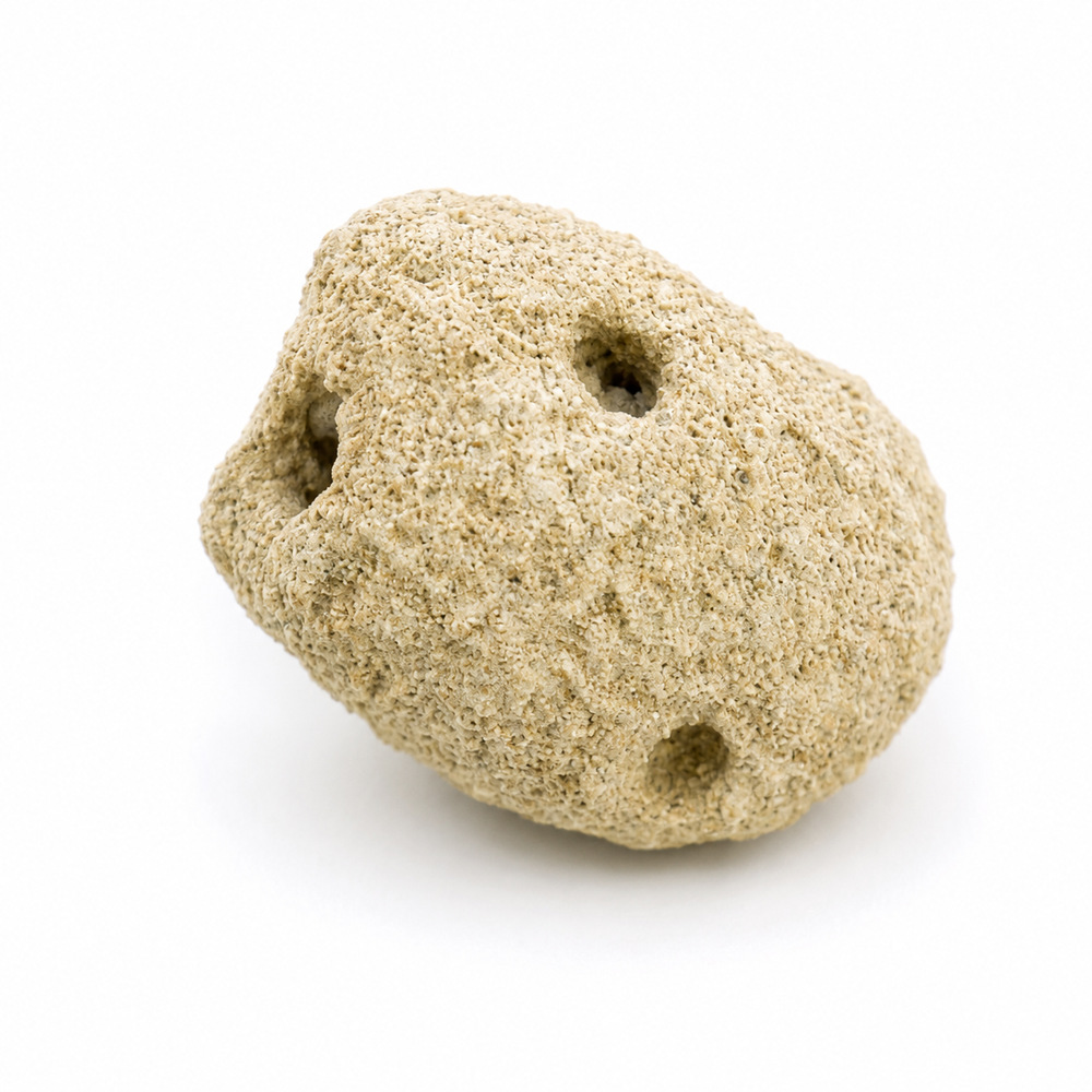 Authentic Rebuffoichnus guanche fossil showing preserved insect pupation chamber and natural emergence opening