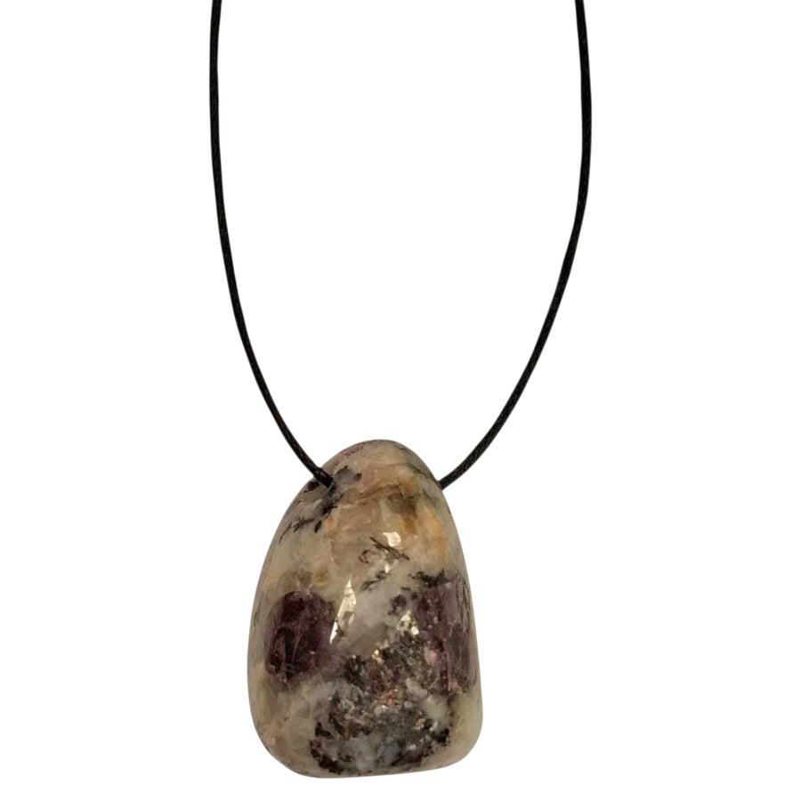 Garnet Cherry Cake drilled tumble stone pendant on a black cord – rich red crystal for passion, grounding and emotional strength