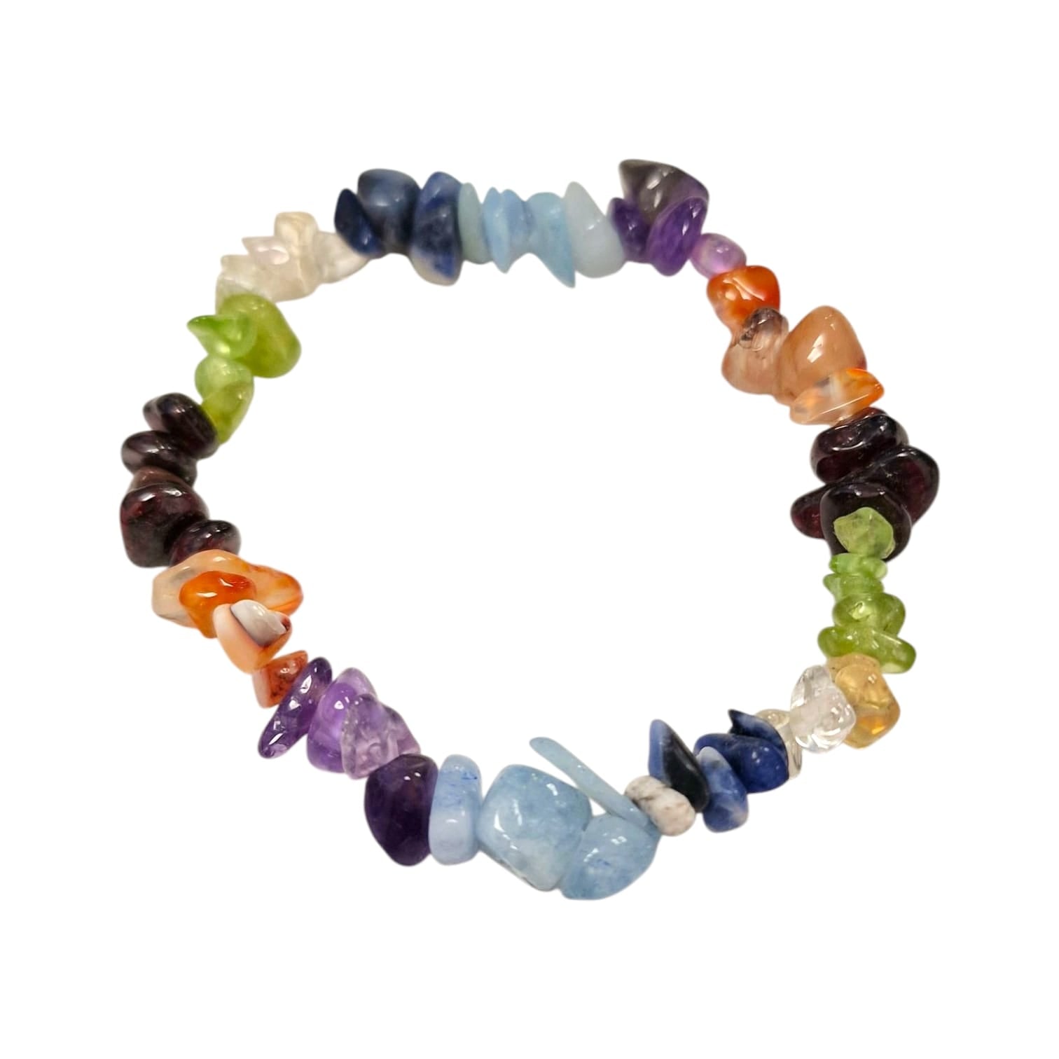 GeoFossils: Chakra Gem Chip Bracelet with crystal chips for each chakra – Red Garnet, Carnelian, Citrine, Peridot, Aquamarine, Sodalite, and Amethyst on stretch cord for full energy balance