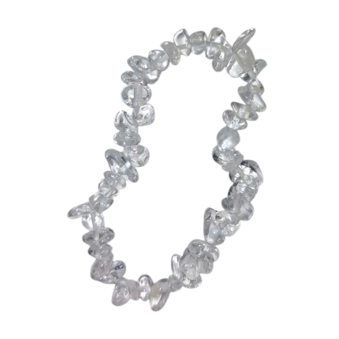 GeoFossils: Crystal Quartz Gem Chip Bracelet with clear quartz crystal chips on elastic cord – versatile high-vibration bracelet for clarity, healing, and intention setting