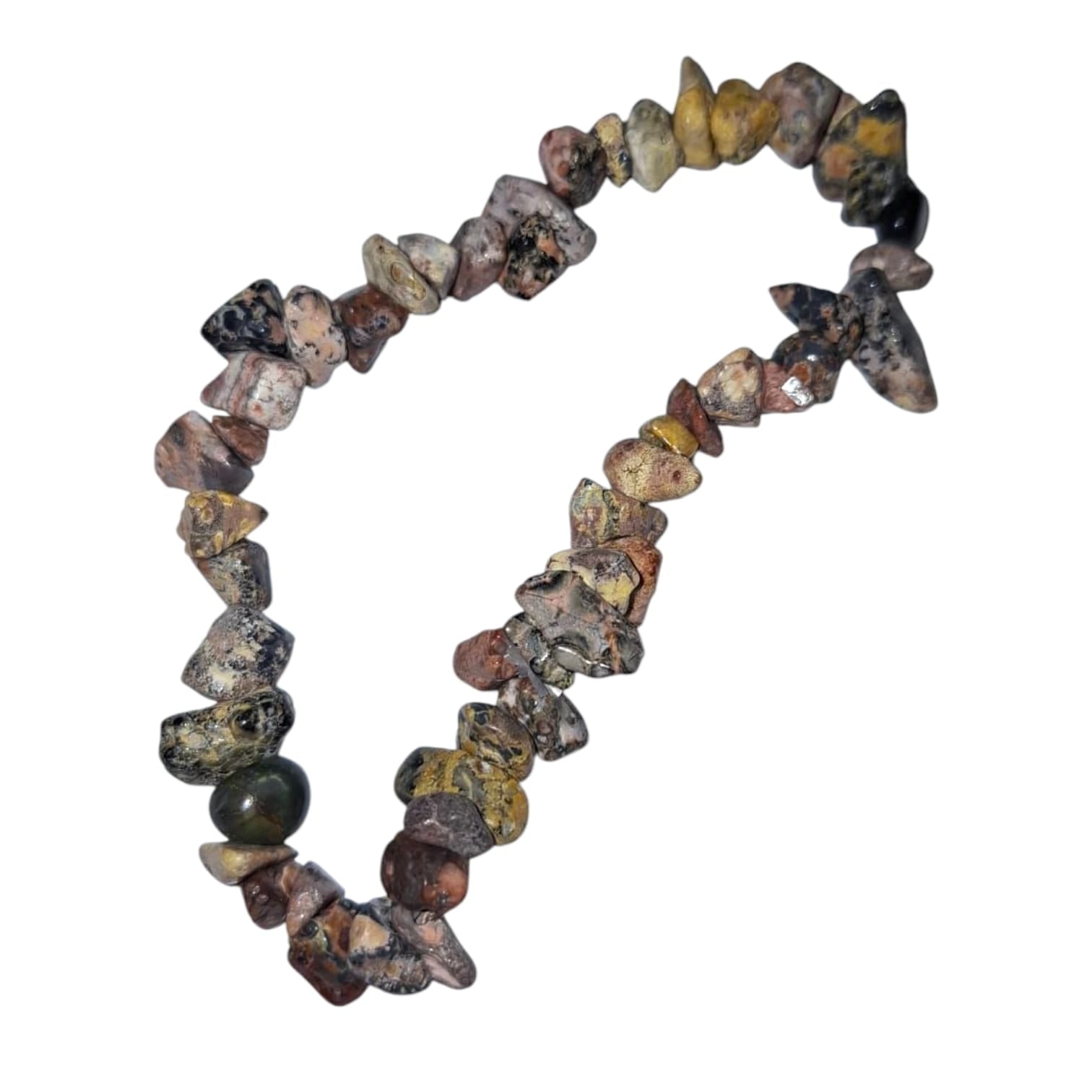 GeoFossils: Leopard Skin Jasper Gem Chip Bracelet with earthy spotted crystal chips on elastic cord – grounding, protective bracelet for vitality and shamanic connection