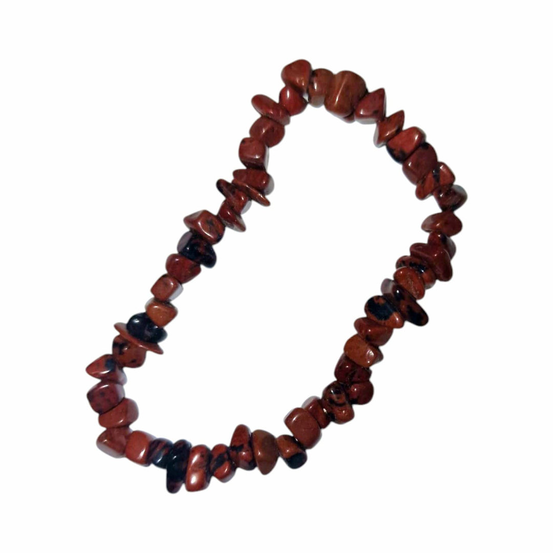 GeoFossils: Mahogany Obsidian Gem Chip Bracelet with deep red-brown and black crystal chips on elastic cord – grounding and protective bracelet for strength and emotional release
