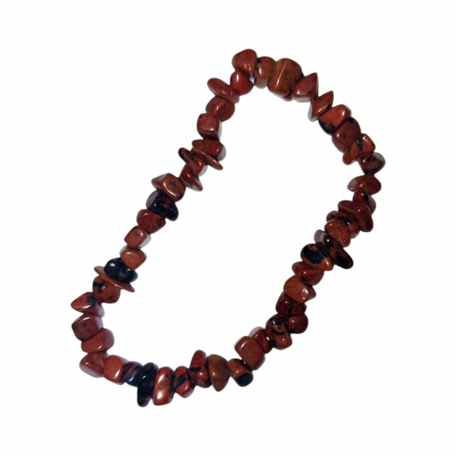 GeoFossils: Mahogany Obsidian Gem Chip Bracelet with deep red-brown and black crystal chips on elastic cord – grounding and protective bracelet for strength and emotional release