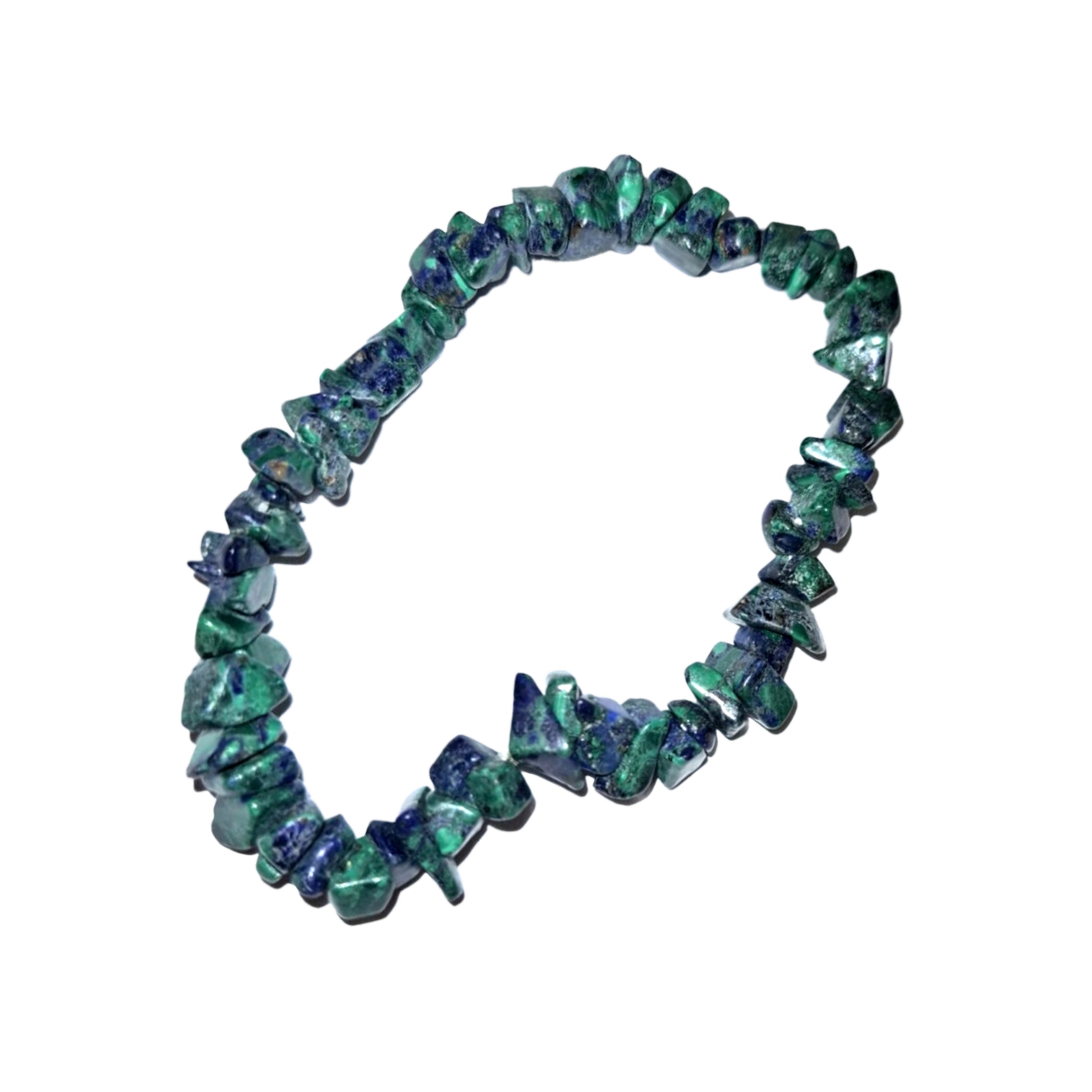 GeoFossils: Lapis Lazuli & Malachite Gem Chip Bracelet with deep blue and green crystal chips on elastic cord – transformational bracelet for truth, healing, and empowerment