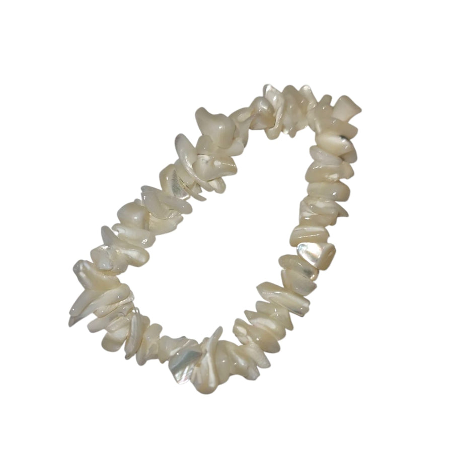 GeoFossils: Mother of Pearl Gem Chip Bracelet with soft iridescent shell chips on elastic cord – calming, nurturing bracelet for intuition and divine feminine energy