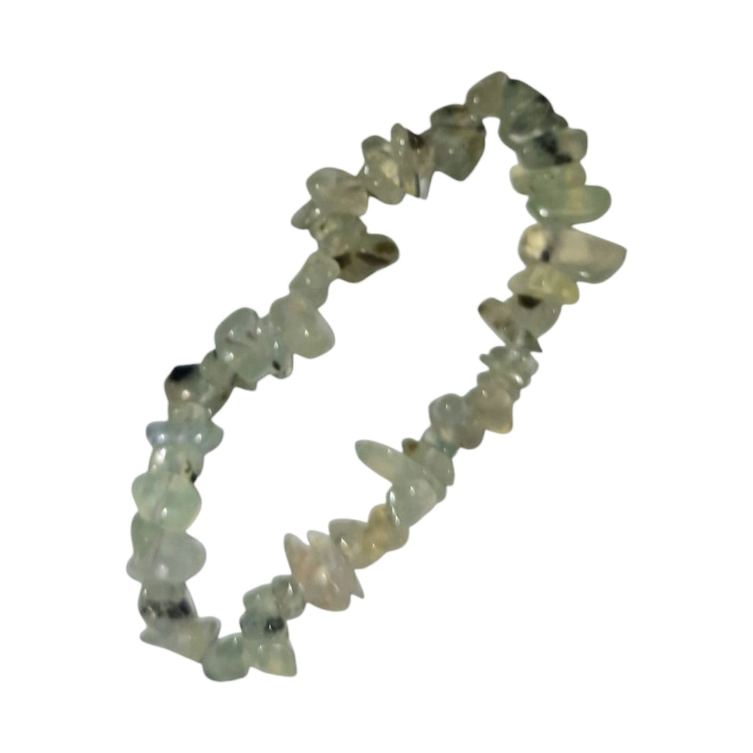 GeoFossils: Prehnite with Epidote Gem Chip Bracelet with soft green and dark green crystal chips on elastic cord – calming and heart-healing crystal bracelet for growth and protection