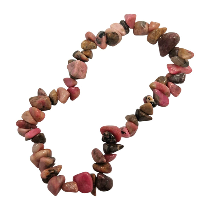 GeoFossils: Rhodonite Gem Chip Bracelet with pink and black crystal chips on elastic cord – healing bracelet for emotional balance, compassion, and self-worth