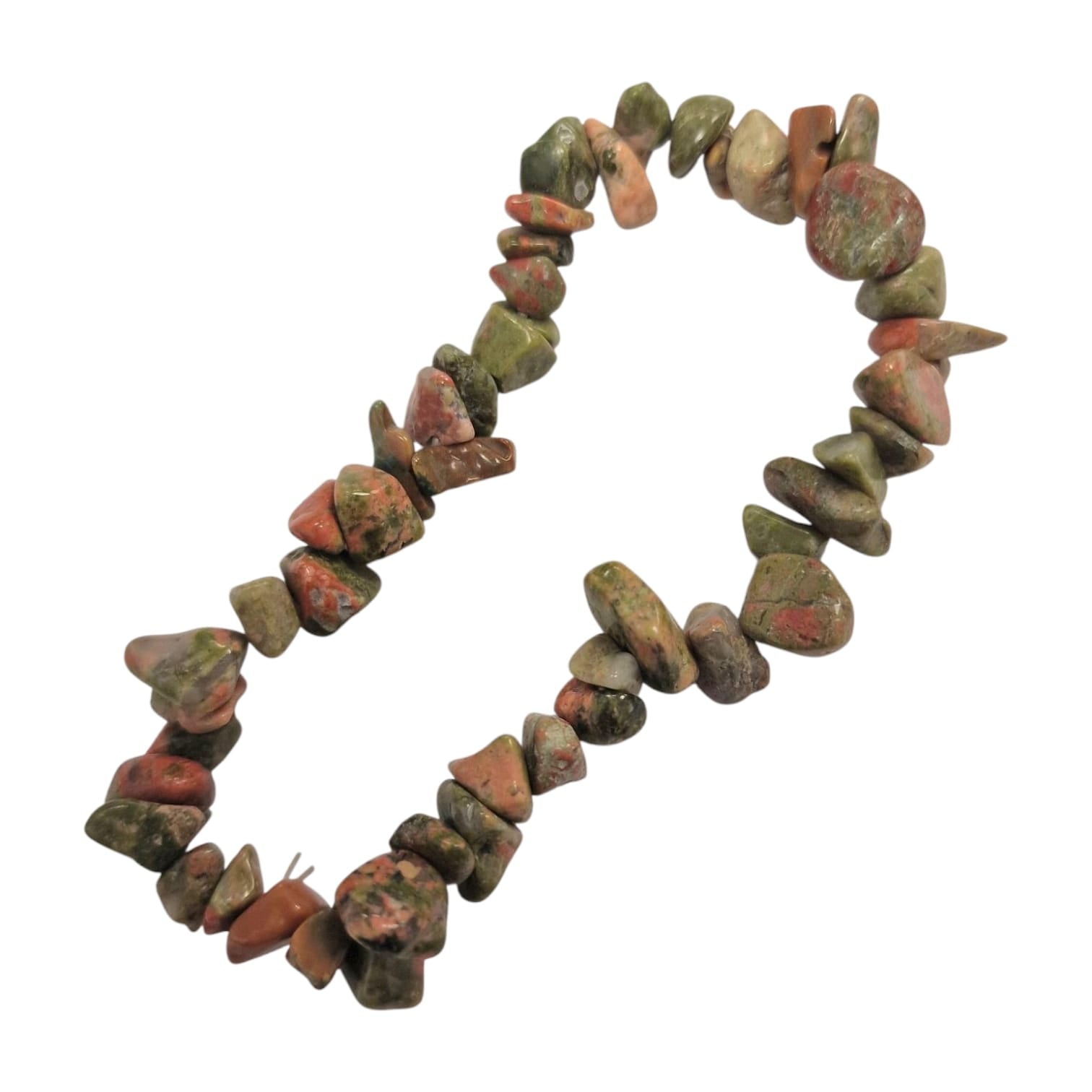 GeoFossils: Unakite Gem Chip Bracelet with mottled green and pink crystal chips on elastic cord – grounding and emotionally healing bracelet for heart-centred growth