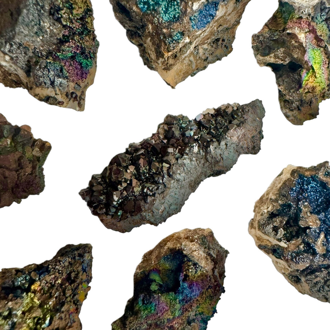 Natural Goethite crystal cluster with iridescent rainbow colors – grounding healing stone for mineral collectors and crystal energy work.