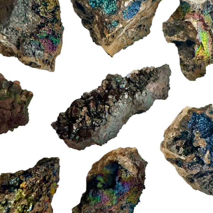 Natural Goethite crystal cluster with iridescent rainbow colors – grounding healing stone for mineral collectors and crystal energy work.
