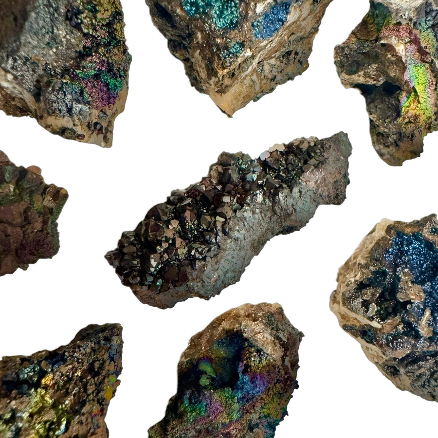 Natural Goethite crystal cluster with iridescent rainbow colors – grounding healing stone for mineral collectors and crystal energy work.