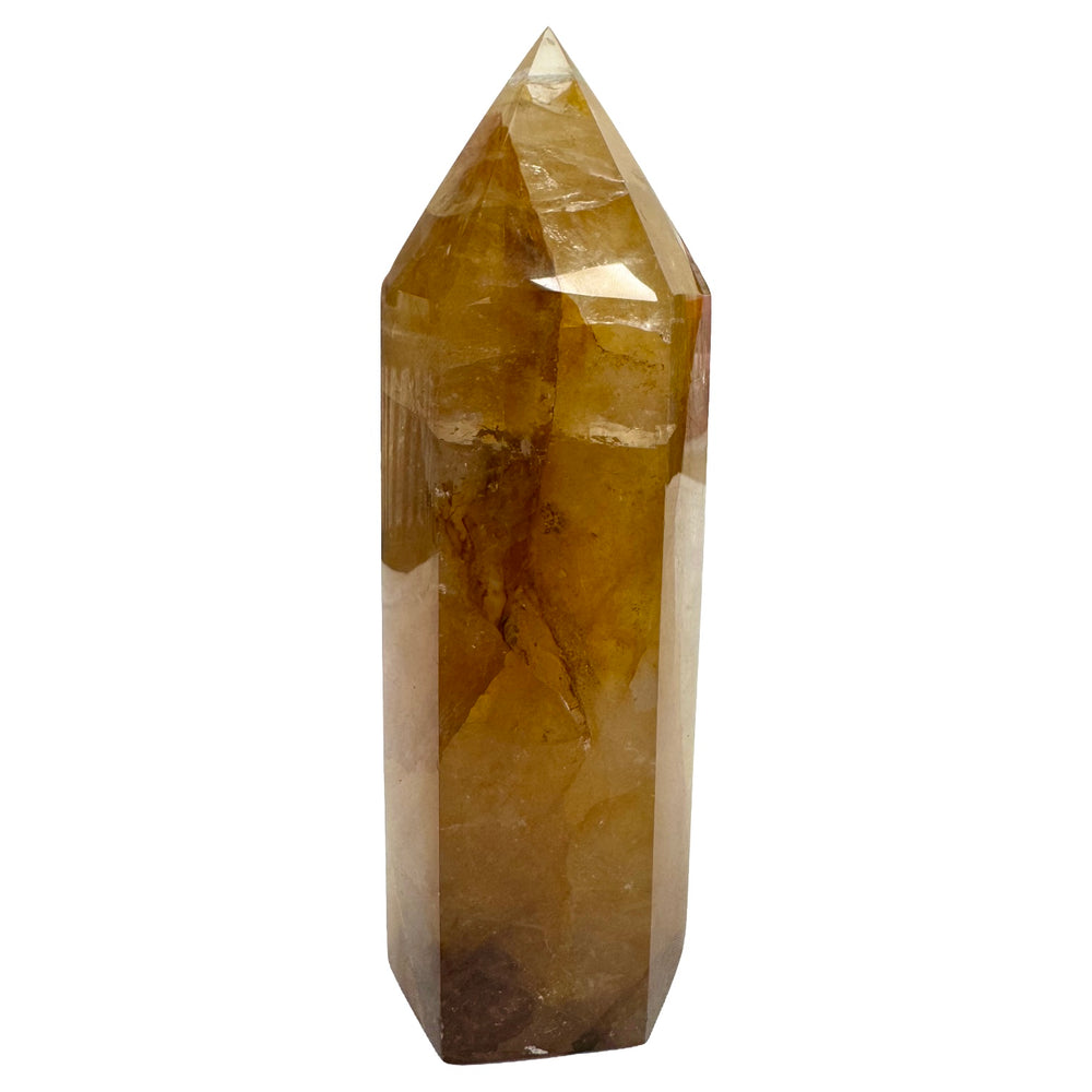 GeoFossils Golden Healer Quartz Tower 16cm – exact crystal shown, polished quartz tower with golden inclusions for healing, vitality, and transformation.