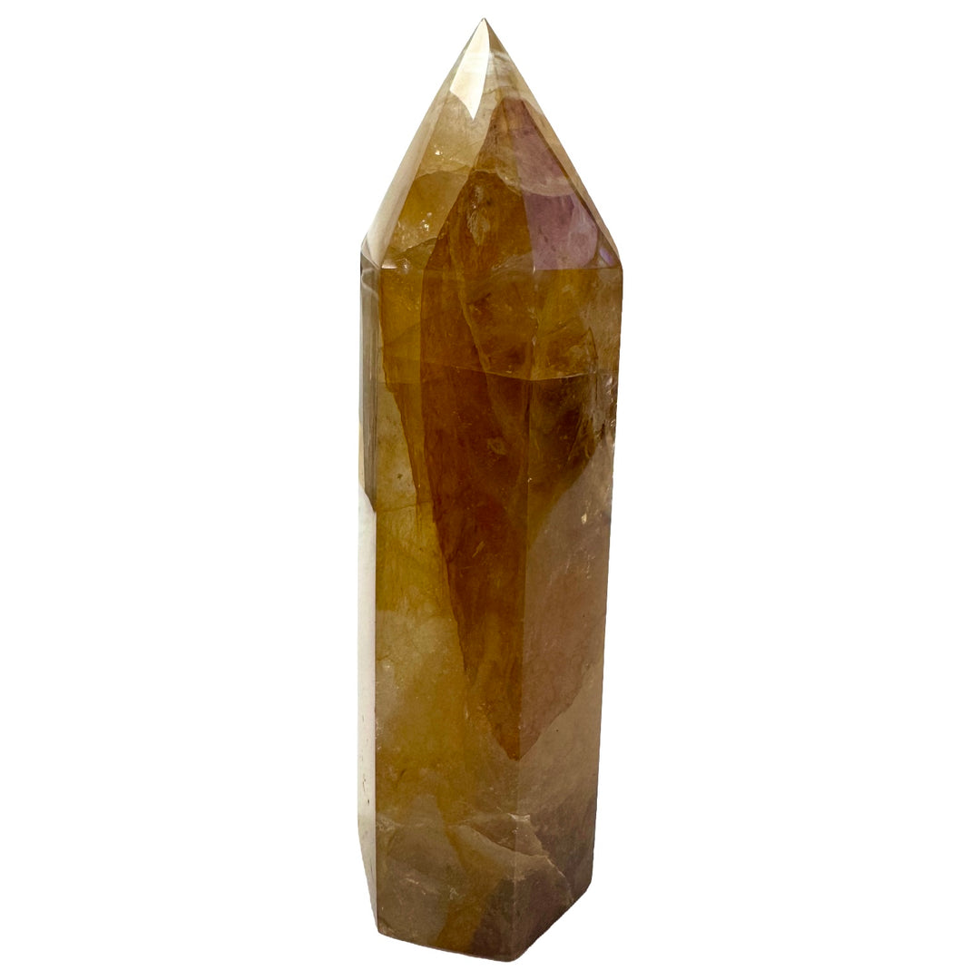 GeoFossils Golden Healer Quartz Tower 16cm – exact crystal shown, polished quartz tower with golden inclusions for healing, vitality, and transformation.