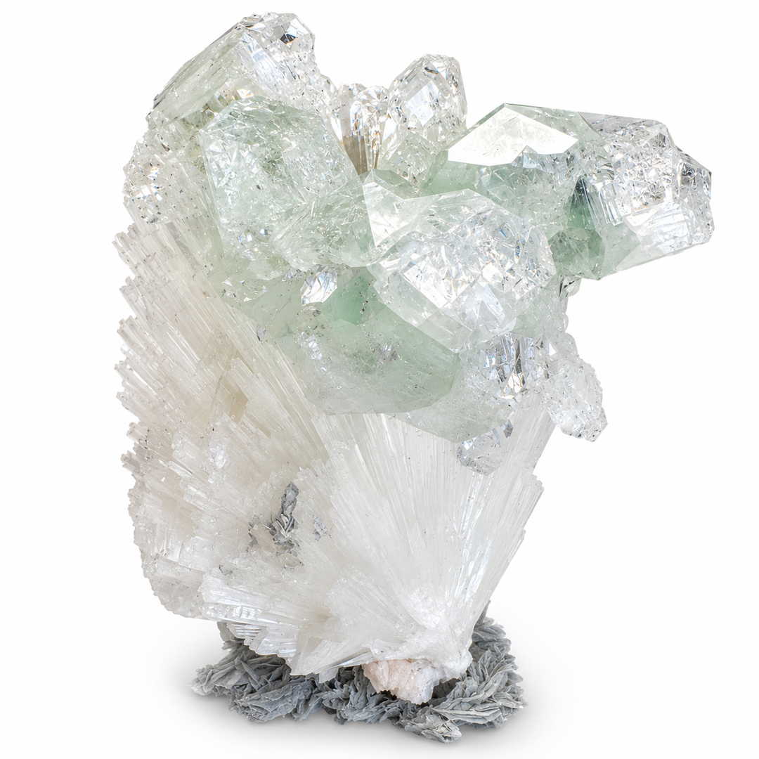 Side profile of Green Apophyllite with Scolecite from Jalgaon District, Maharashtra, showing glassy green crystal faces and fine white radiating Scolecite crystals.