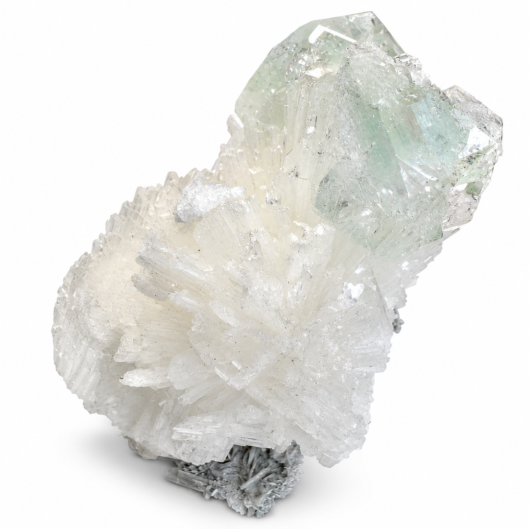 Natural Green Apophyllite with Scolecite specimen from India, displaying layered white needle-like crystals and translucent pale green Apophyllite formations.