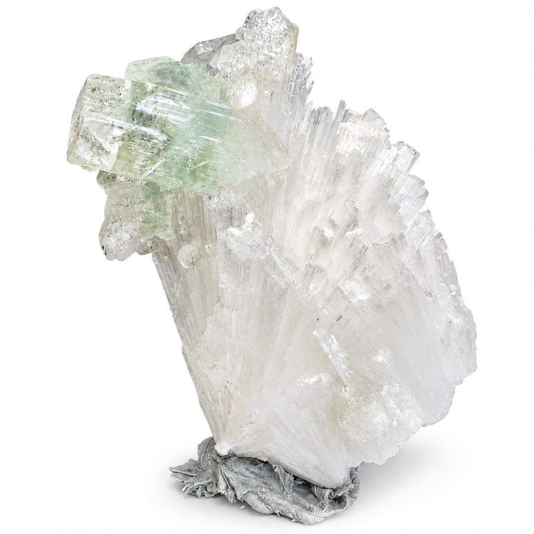 Rear view of Green Apophyllite with Scolecite from Jalgaon District, India, revealing the natural mineral matrix and intricate crystal growth structure.