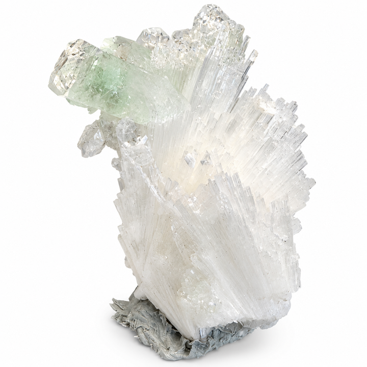 Green Apophyllite and white Scolecite crystal cluster from Maharashtra, India, featuring delicate radiating formations and naturally textured crystalline surfaces.