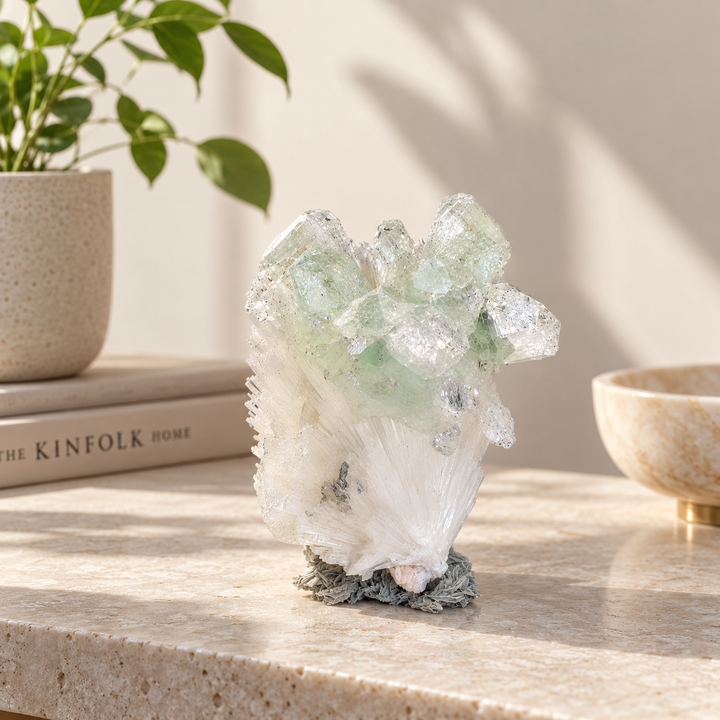 Green Apophyllite with Scolecite collector's mineral specimen from Jalgaon District, Maharashtra, India, presented in a minimalist luxury mineral photography setting.