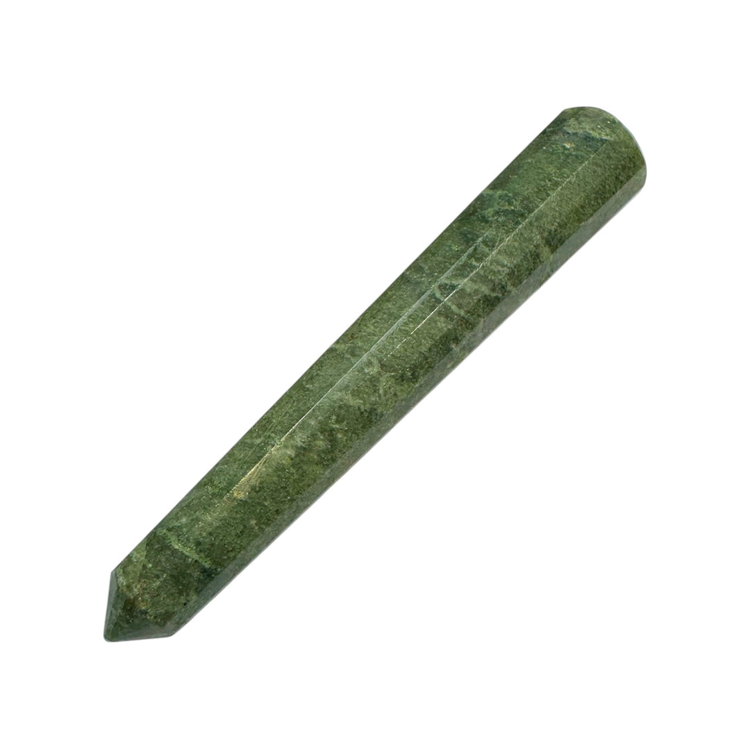 GeoFossils Smooth Green Garnet Massage Wand – earthy green polished crystal wand for emotional healing, vitality and heart chakra balance