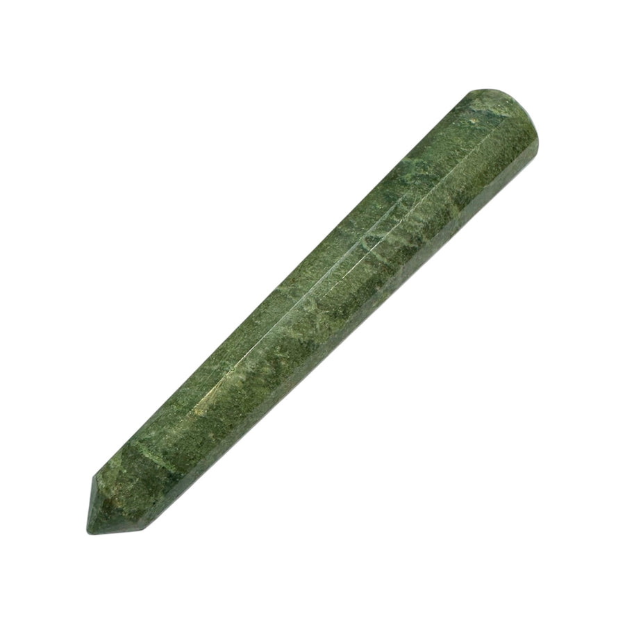 GeoFossils Smooth Green Garnet Massage Wand – earthy green polished crystal wand for emotional healing, vitality and heart chakra balance