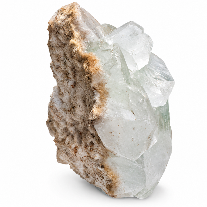 Natural Green Apophyllite specimen from Pune, India, featuring intergrown translucent crystals and contrasting mineral matrix.