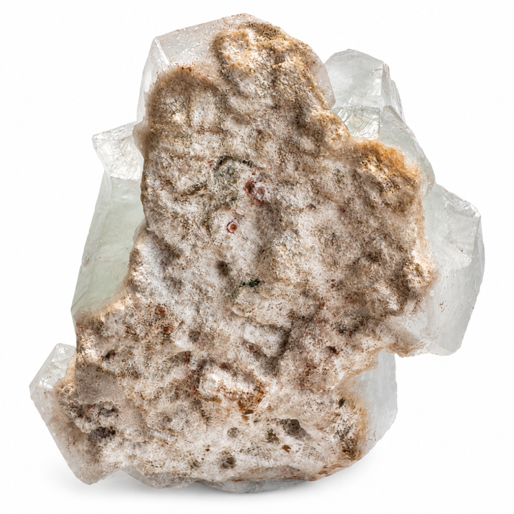 Rear view of Green Apophyllite from Pashan Quarries, Pune, revealing rough natural matrix and exposed crystal formations.