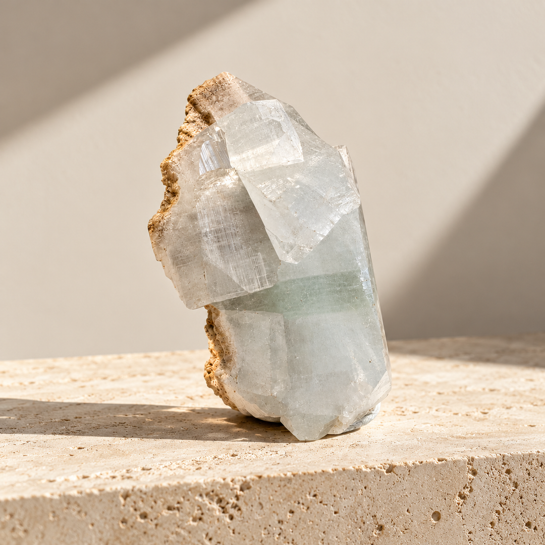 Translucent Green Apophyllite crystal cluster from India, photographed against a minimalist ivory background to highlight its natural crystalline structure.