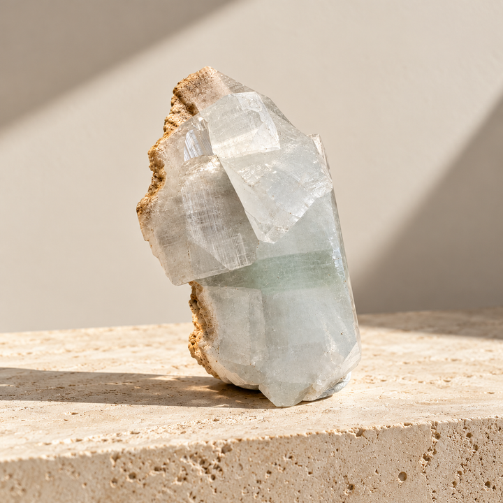 Translucent Green Apophyllite crystal cluster from India, photographed against a minimalist ivory background to highlight its natural crystalline structure.