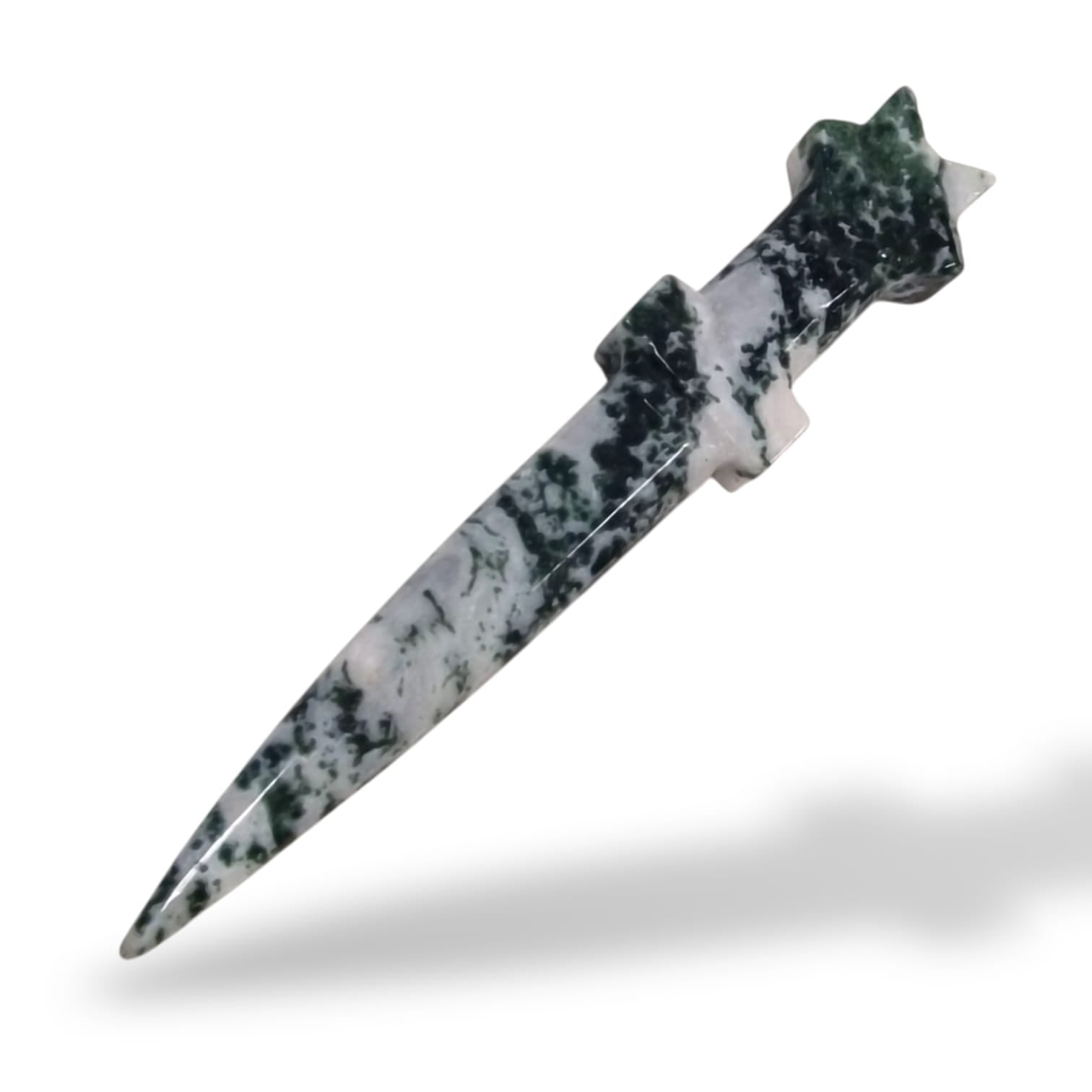 GeoFossils Green Moss Agate Athame – a nature-inspired crystal ritual blade for grounding, abundance, and Earth magic.