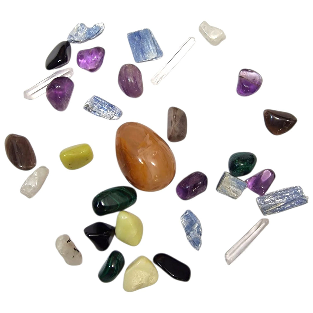 Lion’s Gate 2025 crystal set featuring Citrine, Serpentine, Amethyst, Smoky Quartz, Moonstone, Malachite, Obsidian, and Clear Quartz points.