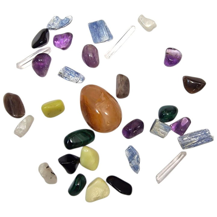 Lion’s Gate 2025 crystal set featuring Citrine, Serpentine, Amethyst, Smoky Quartz, Moonstone, Malachite, Obsidian, and Clear Quartz points.
