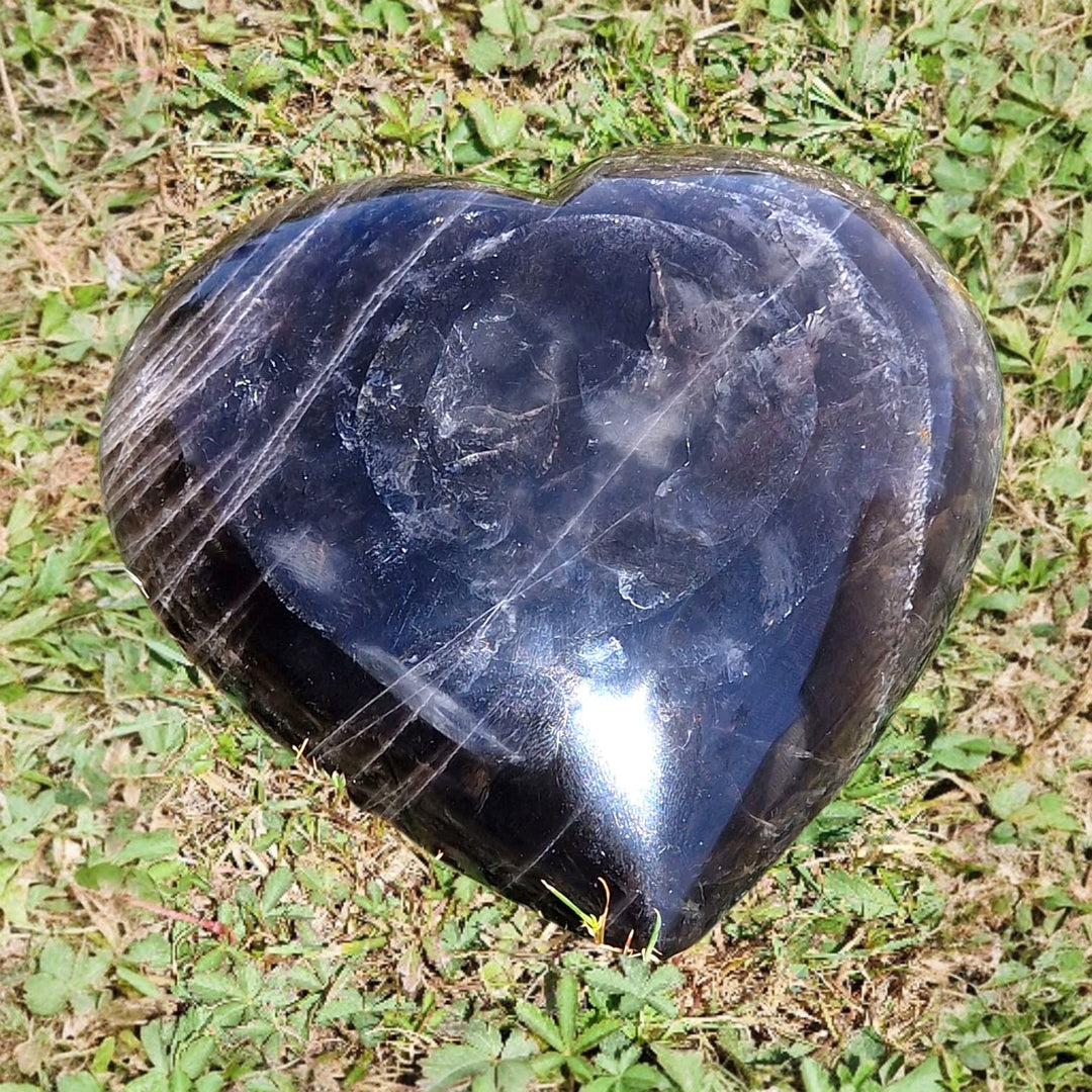 GeoFossils Black Moonstone Heart – Exact Crystal Piece Shown for Emotional Support and Intuitive Insight on grass