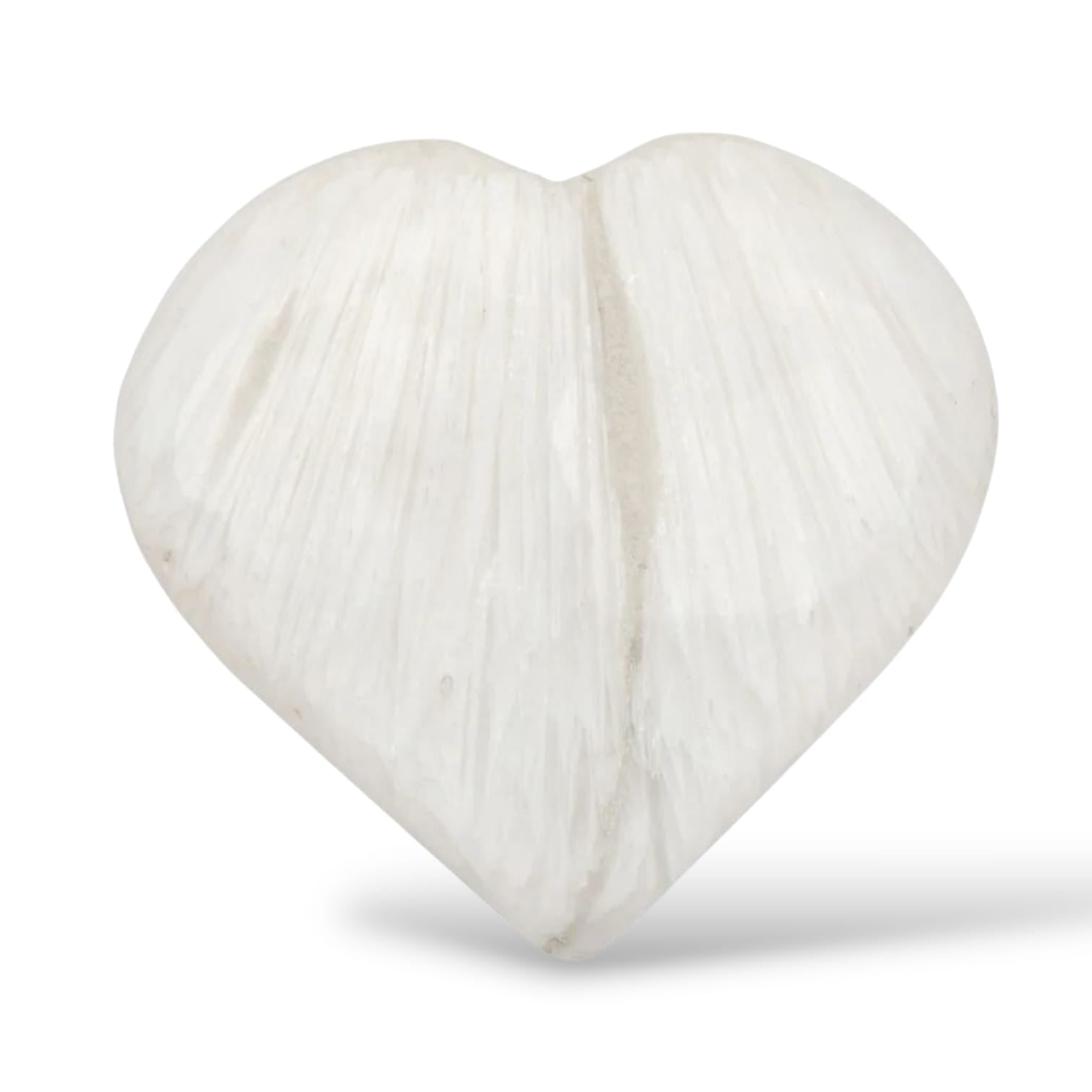 GeoFossils Scolecite Heart – a white, fibrous crystal heart for peace, spiritual connection, and emotional healing.
