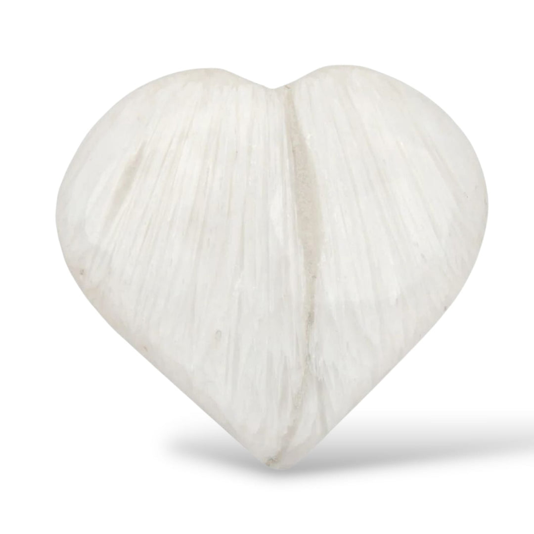 GeoFossils Scolecite Heart – a white, fibrous crystal heart for peace, spiritual connection, and emotional healing.