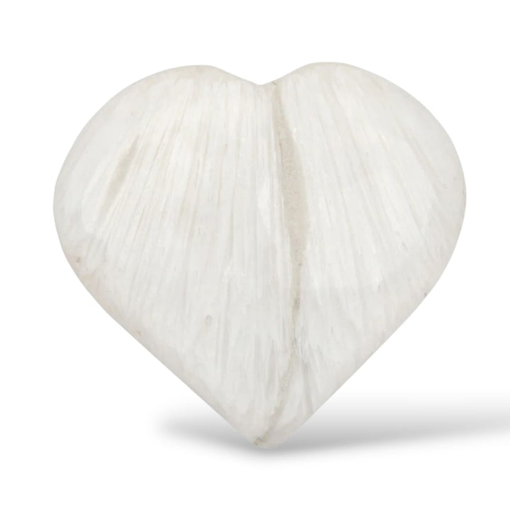 GeoFossils Scolecite Heart – a white, fibrous crystal heart for peace, spiritual connection, and emotional healing.
