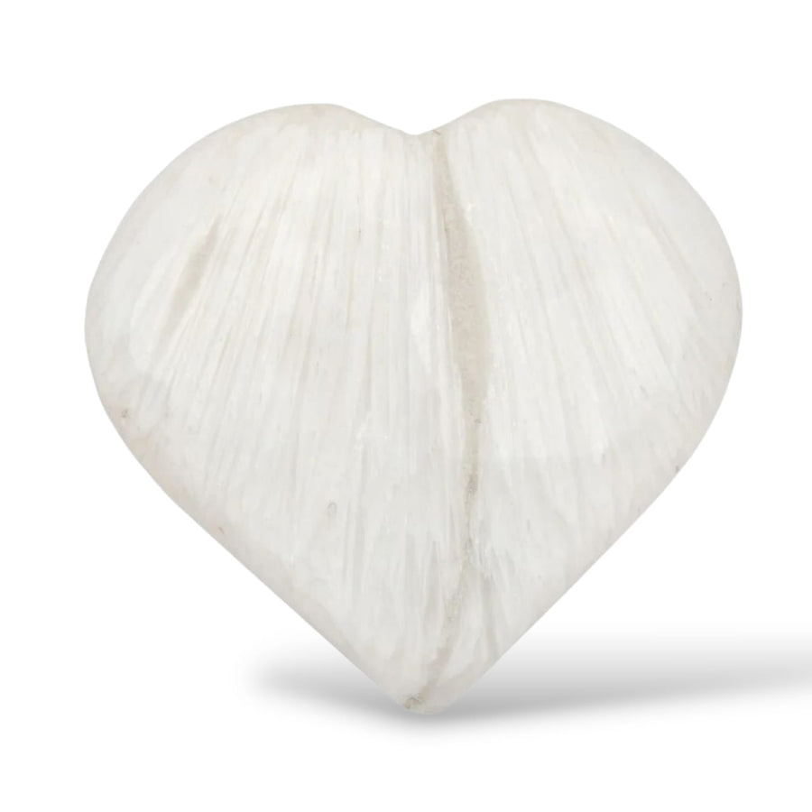 GeoFossils Scolecite Heart – a white, fibrous crystal heart for peace, spiritual connection, and emotional healing.