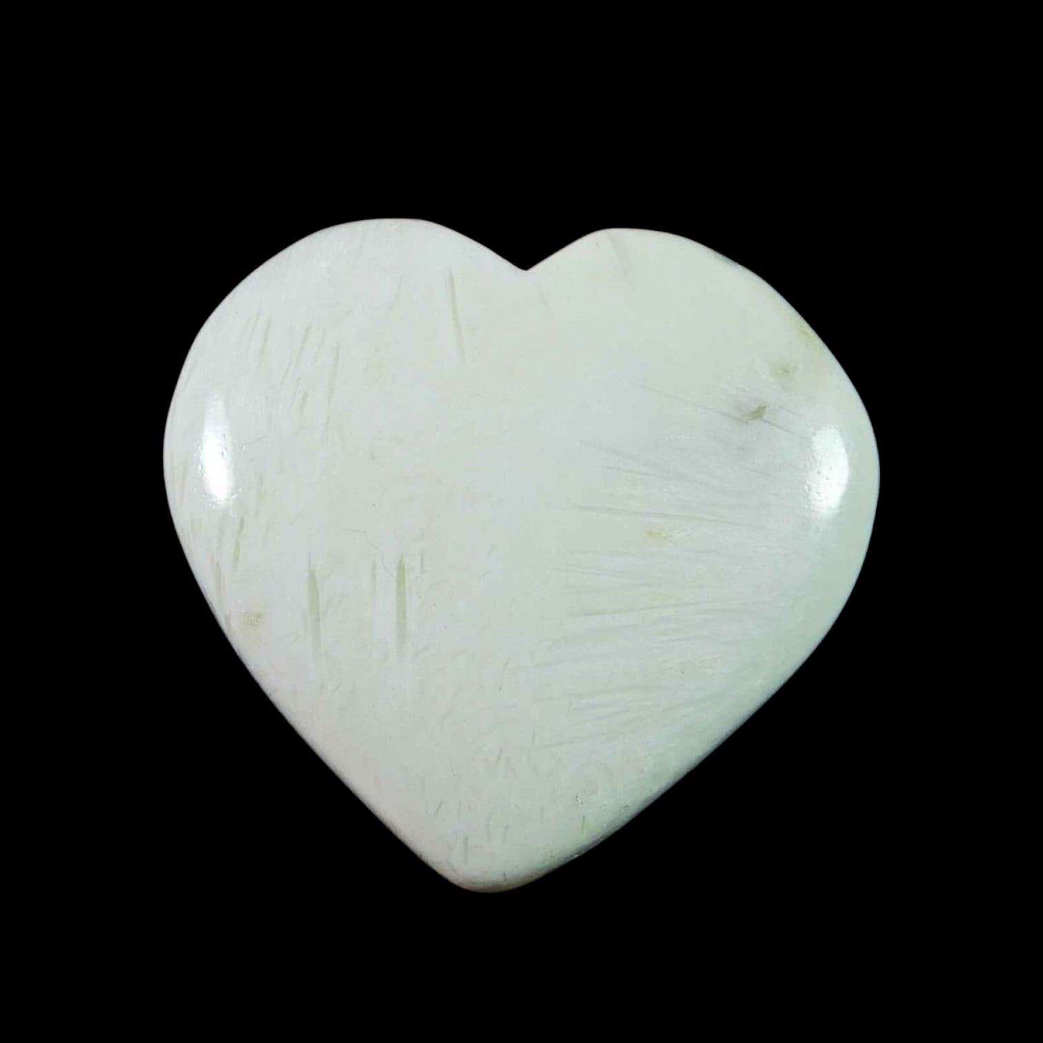 GeoFossils Scolecite Heart – a white, fibrous crystal heart for peace, spiritual connection, and emotional healing.