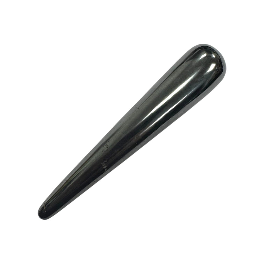 Polished Hematite crystal massage wand with a sleek metallic silver-grey sheen, smooth cylindrical shape and rounded ends, ideal for grounding massage, energy protection, and enhancing mental clarity.