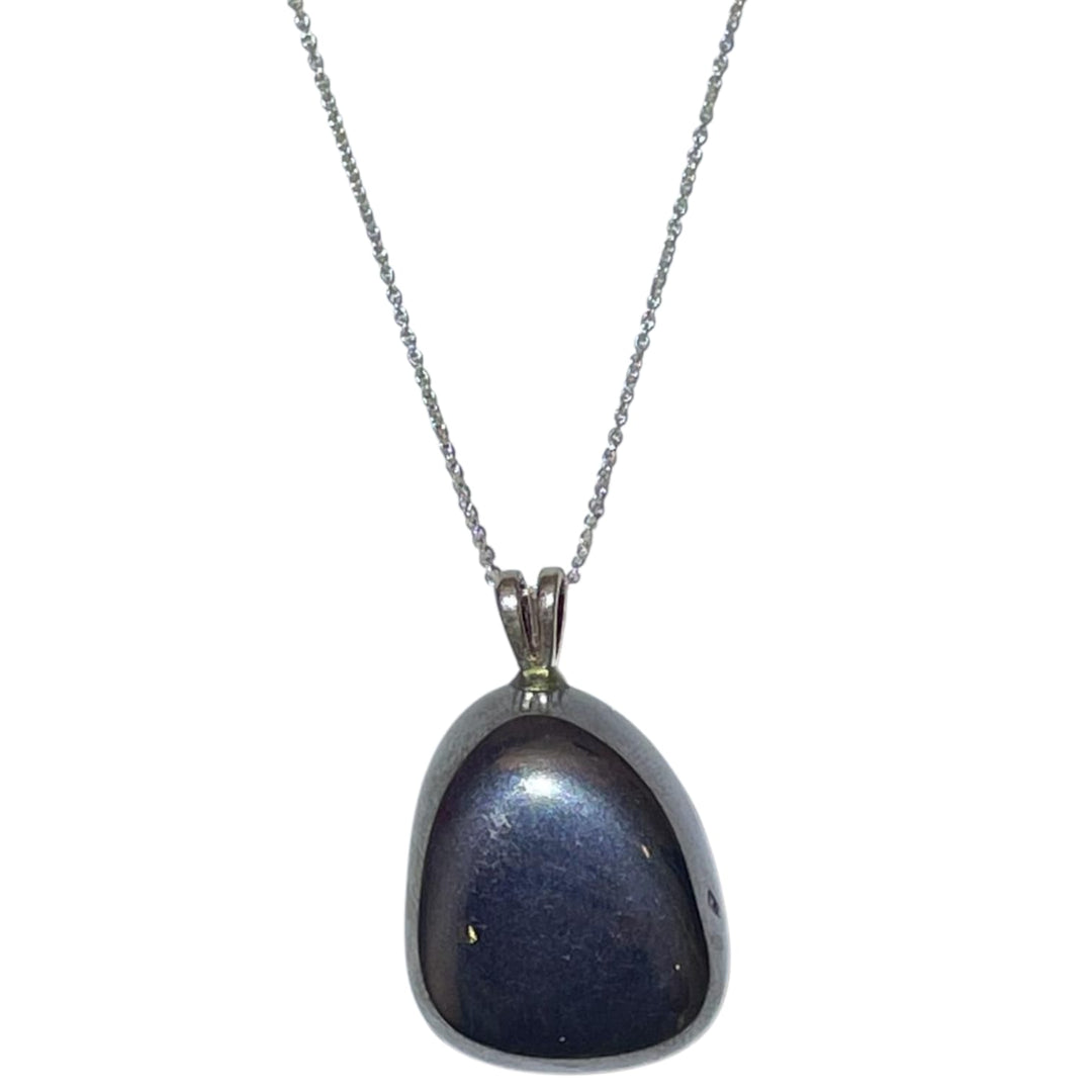 Hematite pendant with polished gunmetal finish set in hallmarked sterling silver – crystal necklace for grounding, protection and mental clarity