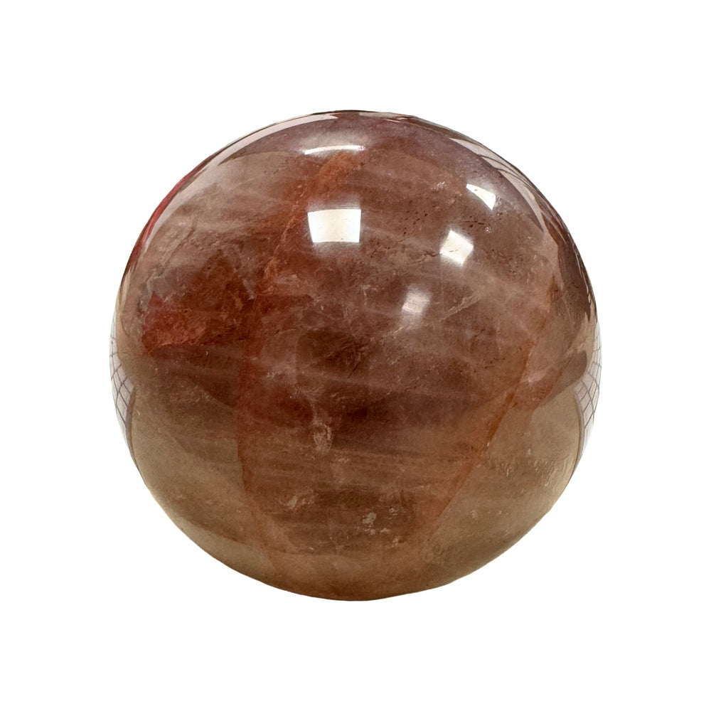 GeoFossils Hematoid Quartz Sphere 70mm – exact crystal shown, polished quartz with hematite inclusions for balance, grounding, and transformation.