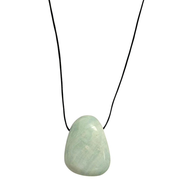 Hemimorphite drilled tumble stone pendant on a black cord – bright blue crystal for communication, emotional healing and joyful energy
