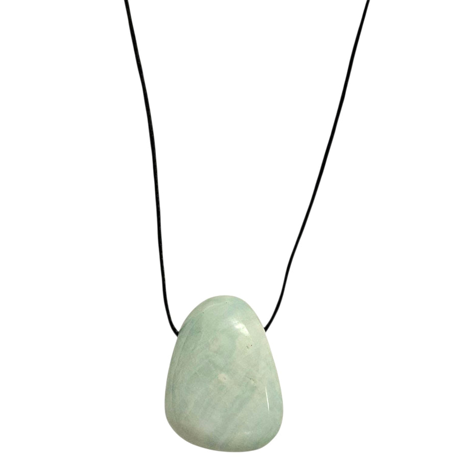 Hemimorphite drilled tumble stone pendant on a black cord – bright blue crystal for communication, emotional healing and joyful energy