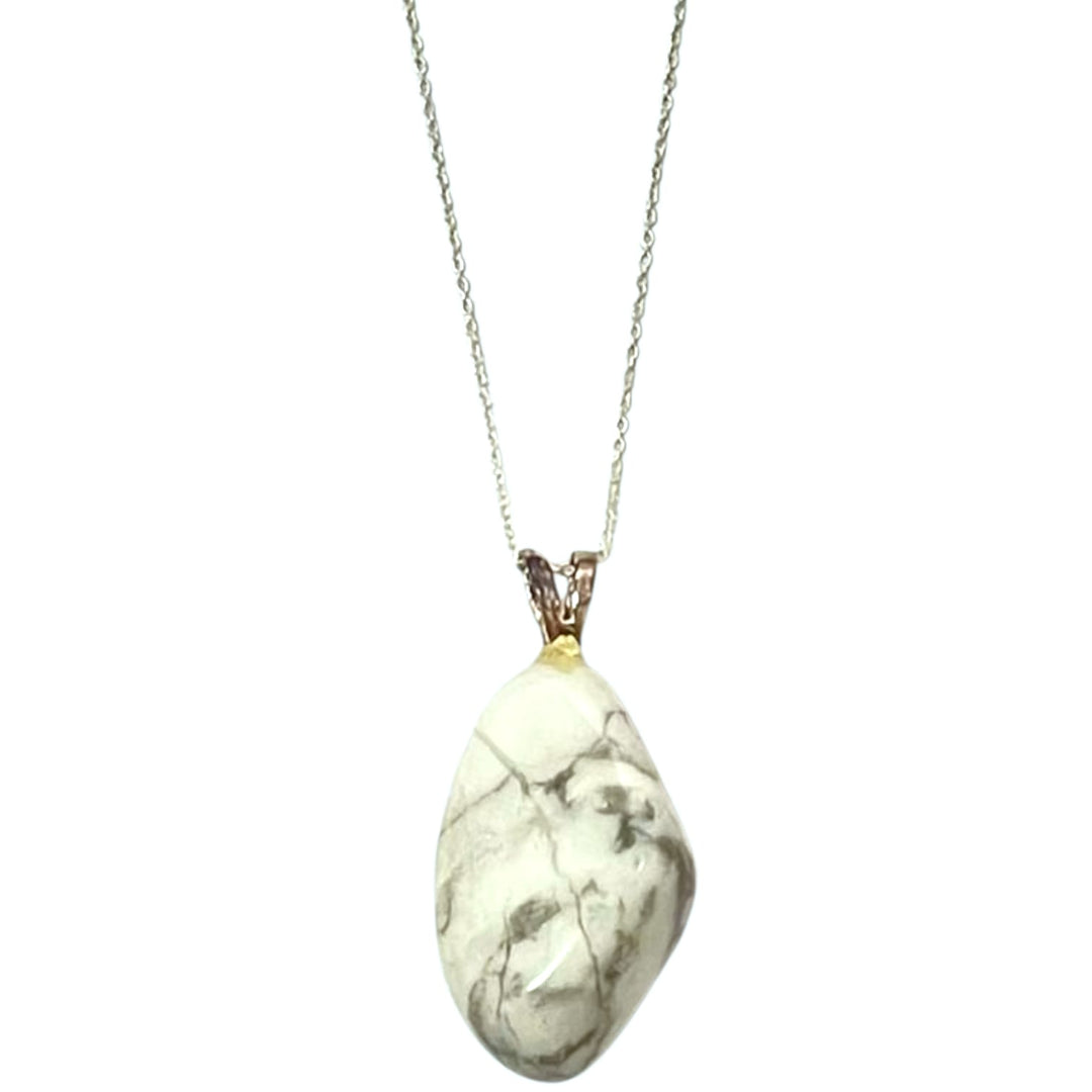 Howlite pendant with white and grey marbling set in hallmarked sterling silver – crystal necklace for stress relief, clarity, and peaceful focus