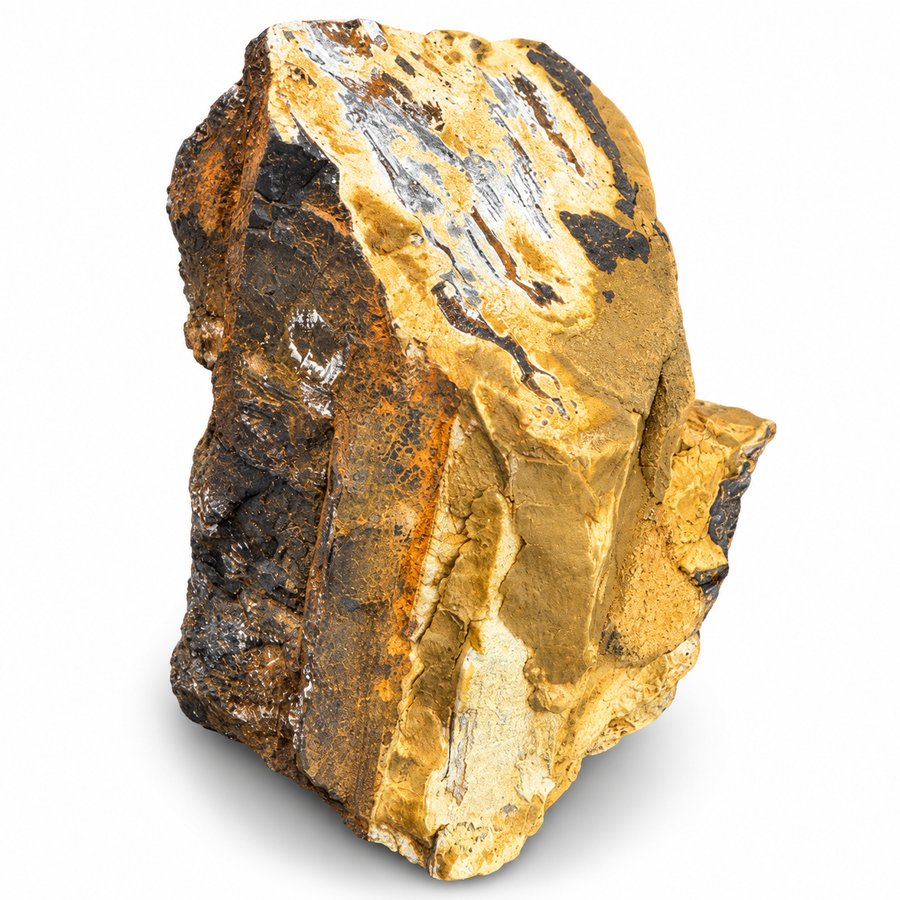 Ilvaite mineral specimen from Bessie G Mine, Colorado, USA, featuring golden ochre matrix, dark mineral patches and naturally weathered textures.