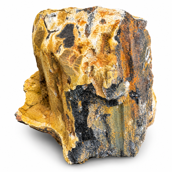 Side view of Ilvaite from Bessie G Mine, La Plata County, showing contrasting yellow-brown matrix, dark mineral inclusions and rough natural surfaces.