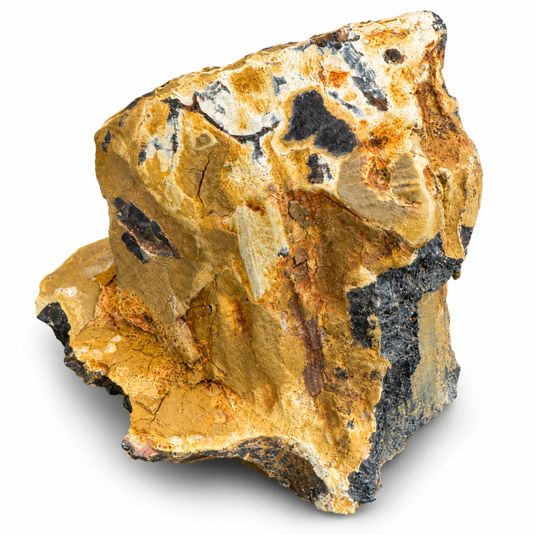 Ilvaite mineral specimen from Colorado displaying an irregular side profile with earthy ochre colouring, grey mineral areas and textured matrix.
