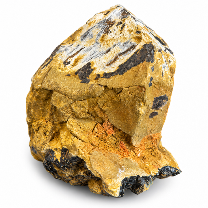 Close-up of Ilvaite from Bessie G Mine, highlighting golden-yellow mineral coatings, grey rock matrix and natural surface variations.